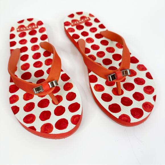 Coach Amel Coral/Orange Polka Dot Bow Flip Flops Size 8B - Picture 1 of 6